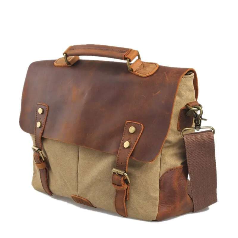 Vintage Waxed Canvas Male Messenger Oiled Leather Business Bag Large Capacity School Laptop Crossbody Bags For Men