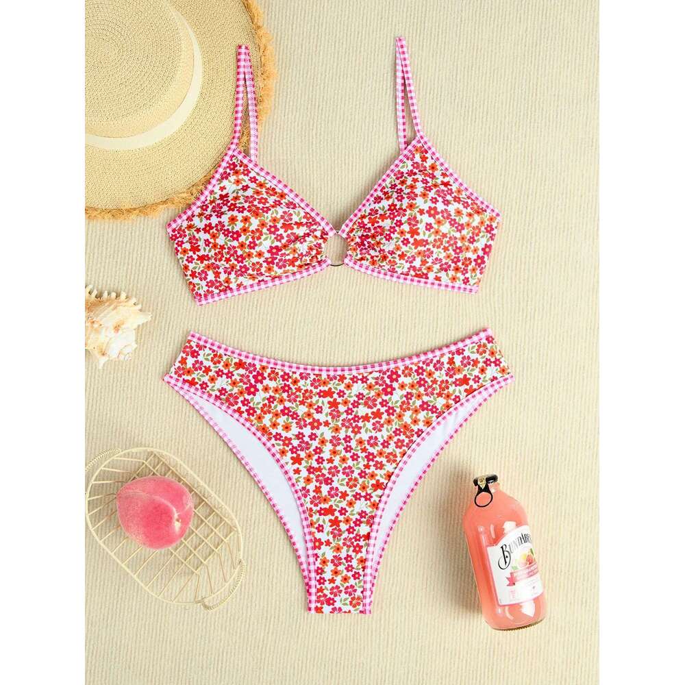 Rose Red wer Print Bikini Set Women 2025 Summer New High Waist 2 Piece Swimsuit V-neck Bra Push Suspender Backless Swimwear