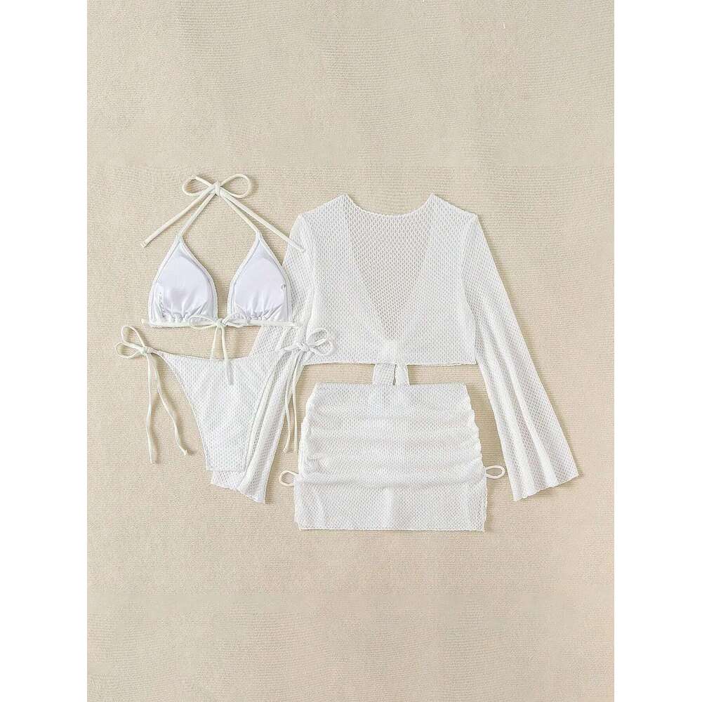Sexy White 4 Piece Bikinis Sets Women Long Sleeve Cover with Skirt Swimsuit 2025 Beach Push Up Bathing Suit Holiday Swimwear