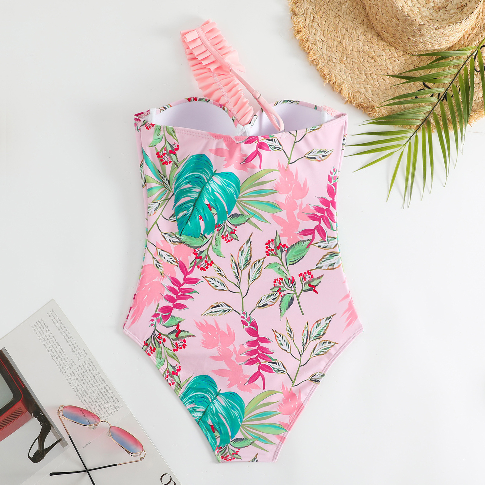 Unified women's 2025 new ruffled pleated single shoulder floral swimsuit