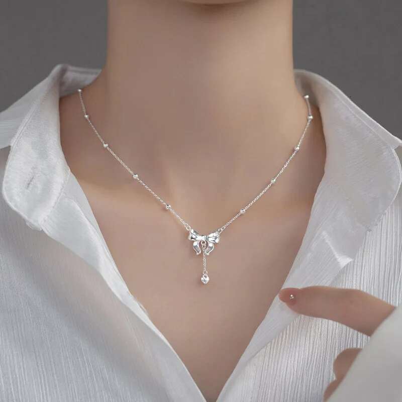 Sterg Sier Exquisite Bow Heart Pendant Necklace Beads Chain Fine Accessories For Women Wedding Party Gifts NK181