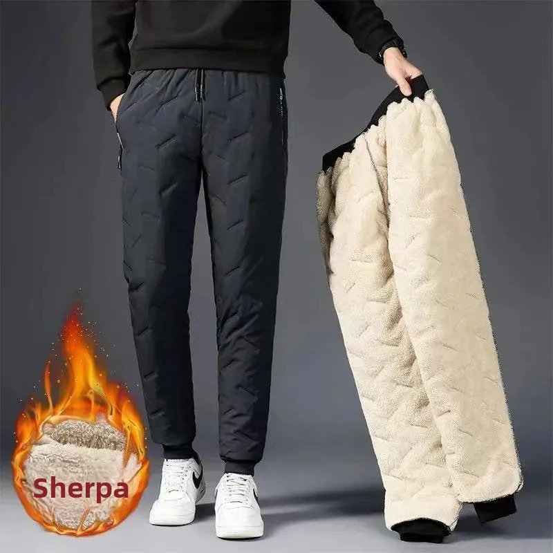 Winter Thickened FleeceLined Cotton Waded Trousers Plus Size Woolen Thermal Mens Casual Sweatpants Tied Footwear 251104