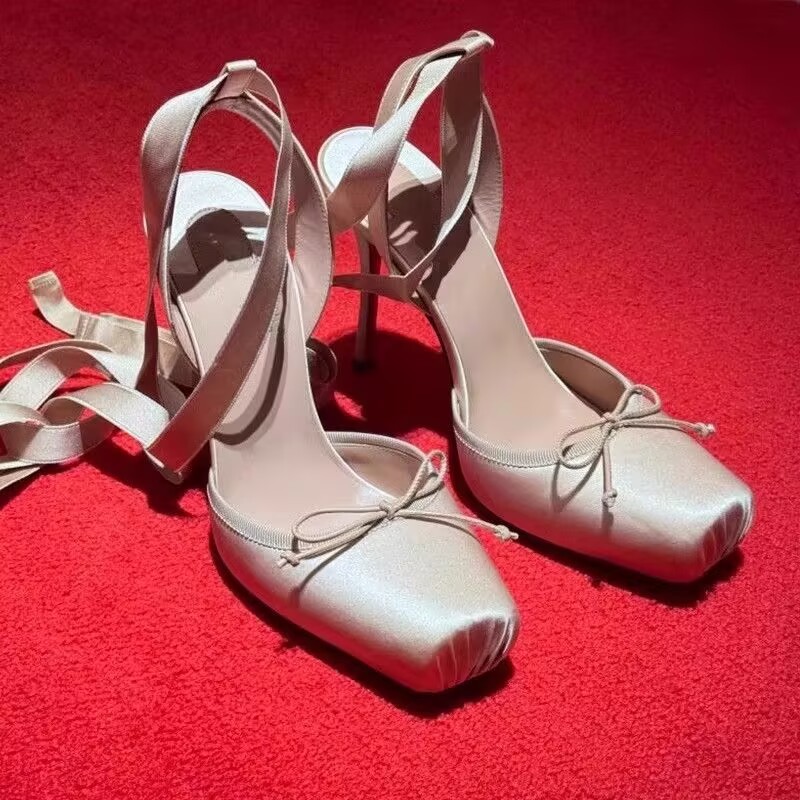designer shoes new style spring and summer women's ballet high-heeled sandals with satin French straps and stiletto heels and Mary Jane single sh