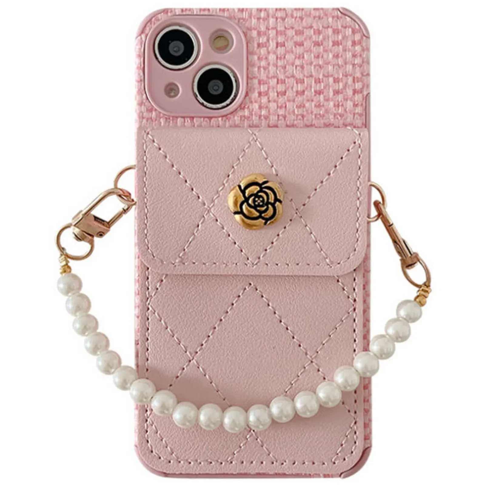 Fashion Camellia Flower Card Wallet Holder Pearl Chain Strap Weave Leather Case Cover For iPhone 15 14 13 12 11 Pro Max XS XR J251202