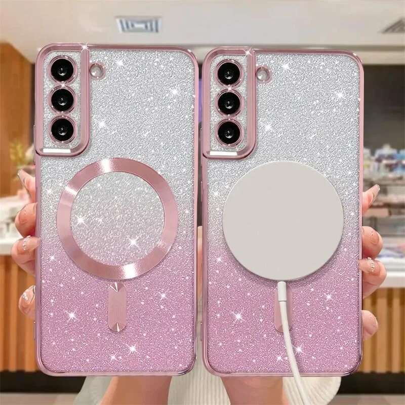 Glitter Magnetic Case For Samsung Galaxy S24 Ultra S23 S22 S21 Plus S20 FE Note 20 A55 A35 Plating Wireless MagSafe Bright Cover