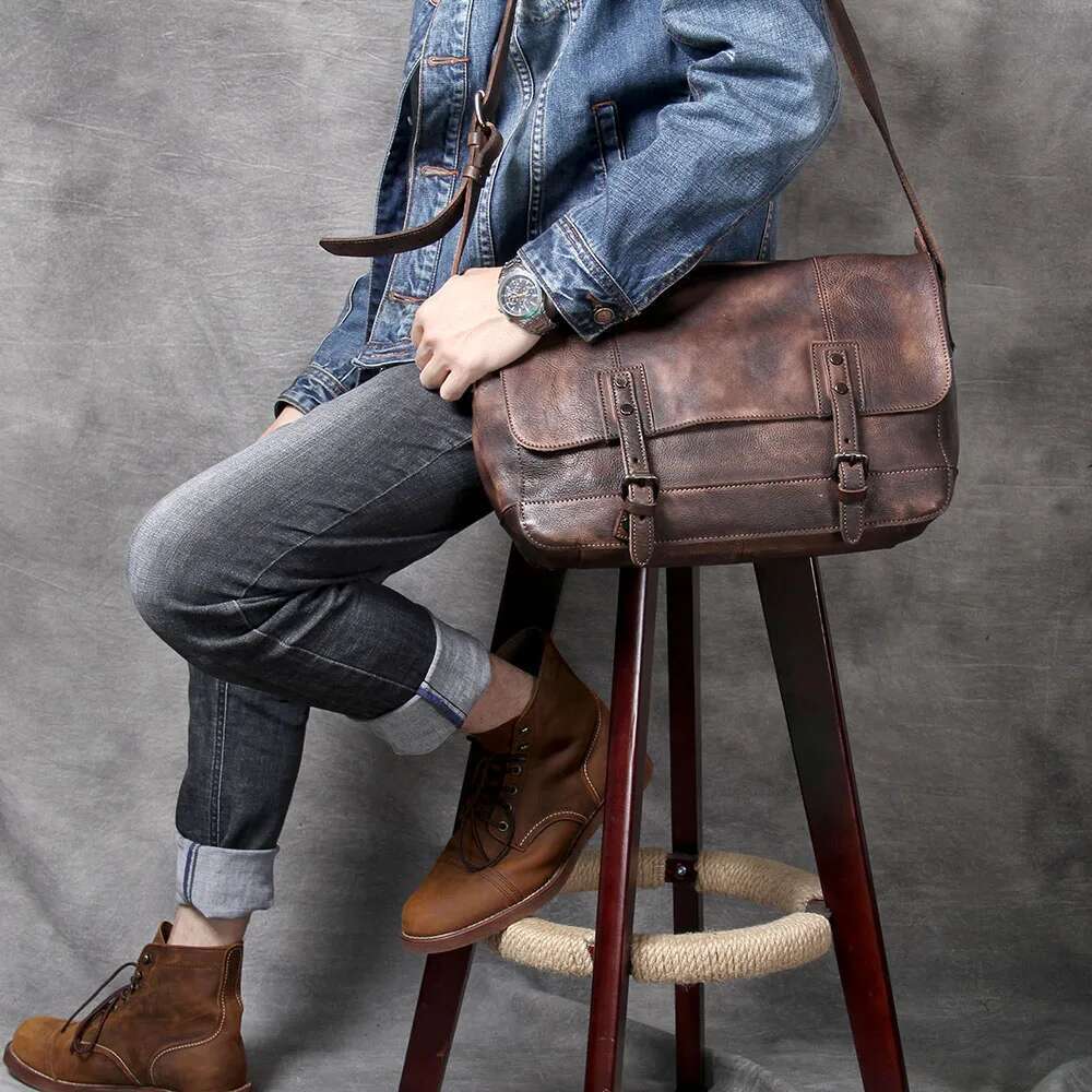 S.Worker Vintage Genuine Leather Men's Briefcase Cowhide Messenger Bag Plant Tainning Handbag Retro Casual Style