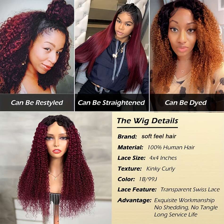 Ombre Bury Kinky Human Closure Jerry Curly Brazilian Hair Glueless Wigs With Pre Plucked 4X4 Lace Front Protective Sling Natural Look Hiensi , Premium