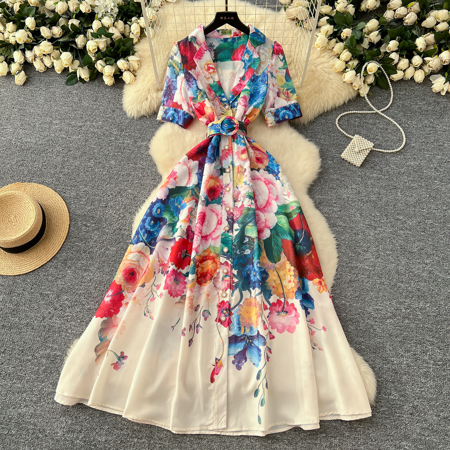 2025 Casual Dresses Summer Gorgeous Flower Runway Dress Women's Notched Short Sleeve Pearl Buttons Down Floral Print Belt A-Line Long Maxi Vestid