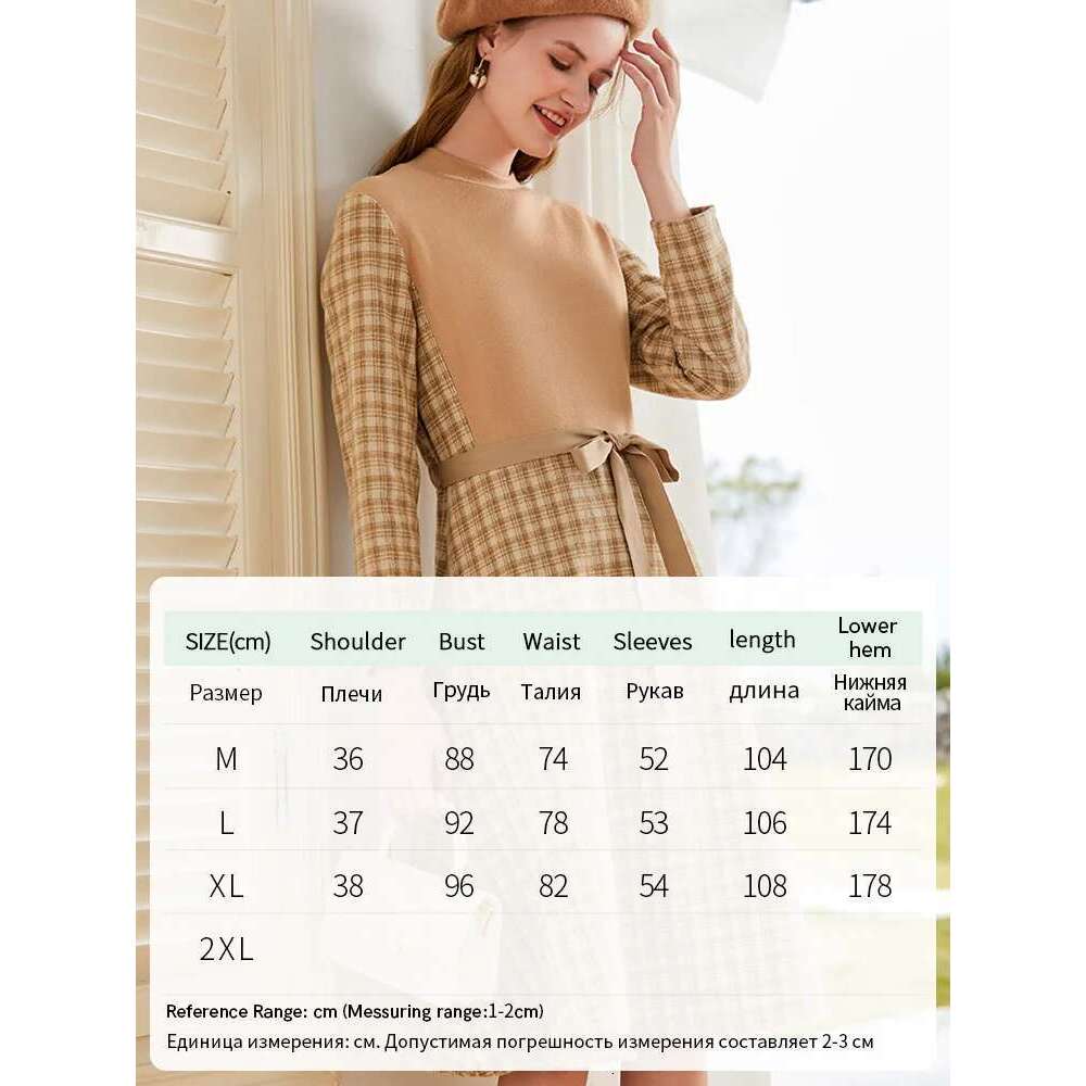 Women Dresses New Autumn Fake Two Wrist Plaid Winter Waist Slim Lace-Up Temperament Chic Dress