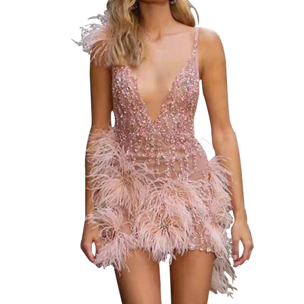 2025 Womens Feather Strap Skirt Deep V-neck Sexy Nightclub Party Dress