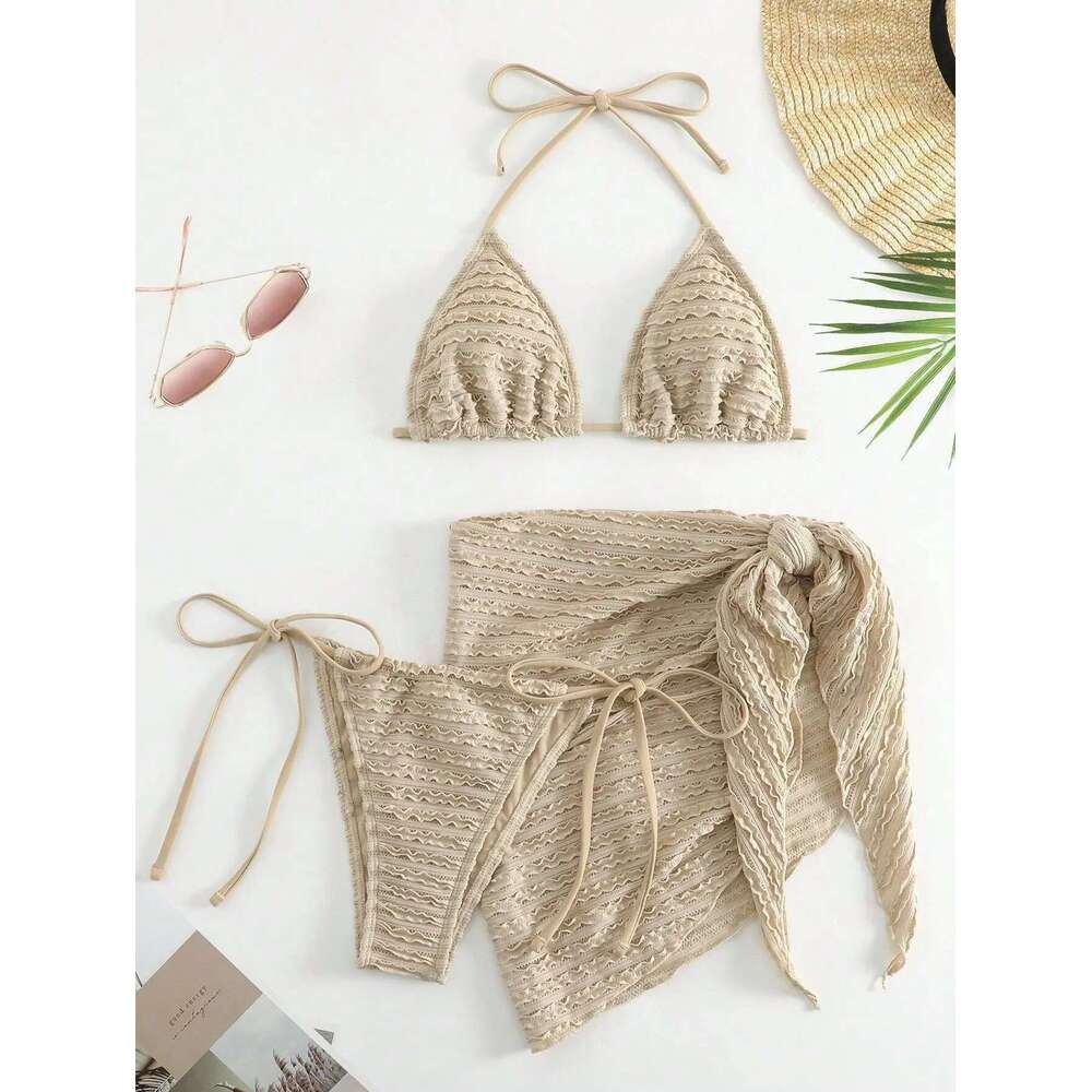 Solid Color Khaki 3-piece Swimsuit for Women,beach Skirt Lace-up Bikini Set,2024 Summer New,beach Vacation Bathing Suit,swimwear