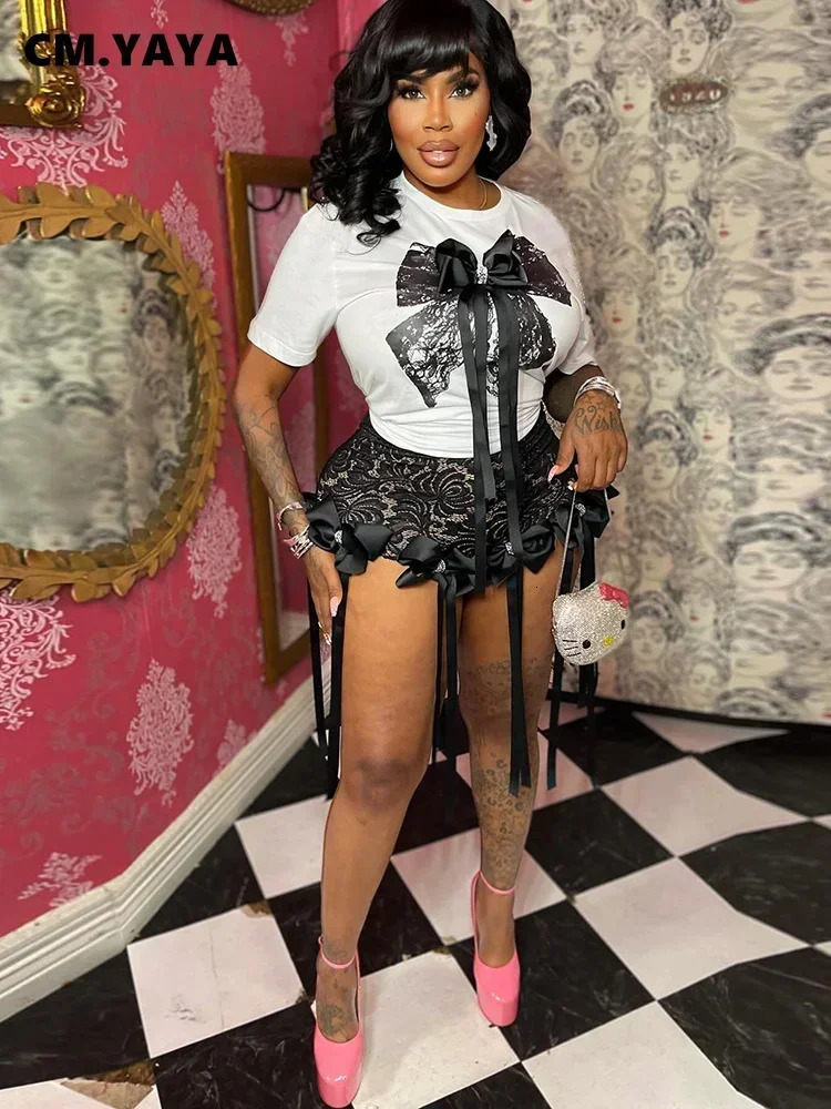 CM. YAYA Womens Bow O-neck Short sleeved Top and Lace Short sleeved Set Casual Two piece Set Summer Sportswear 250402