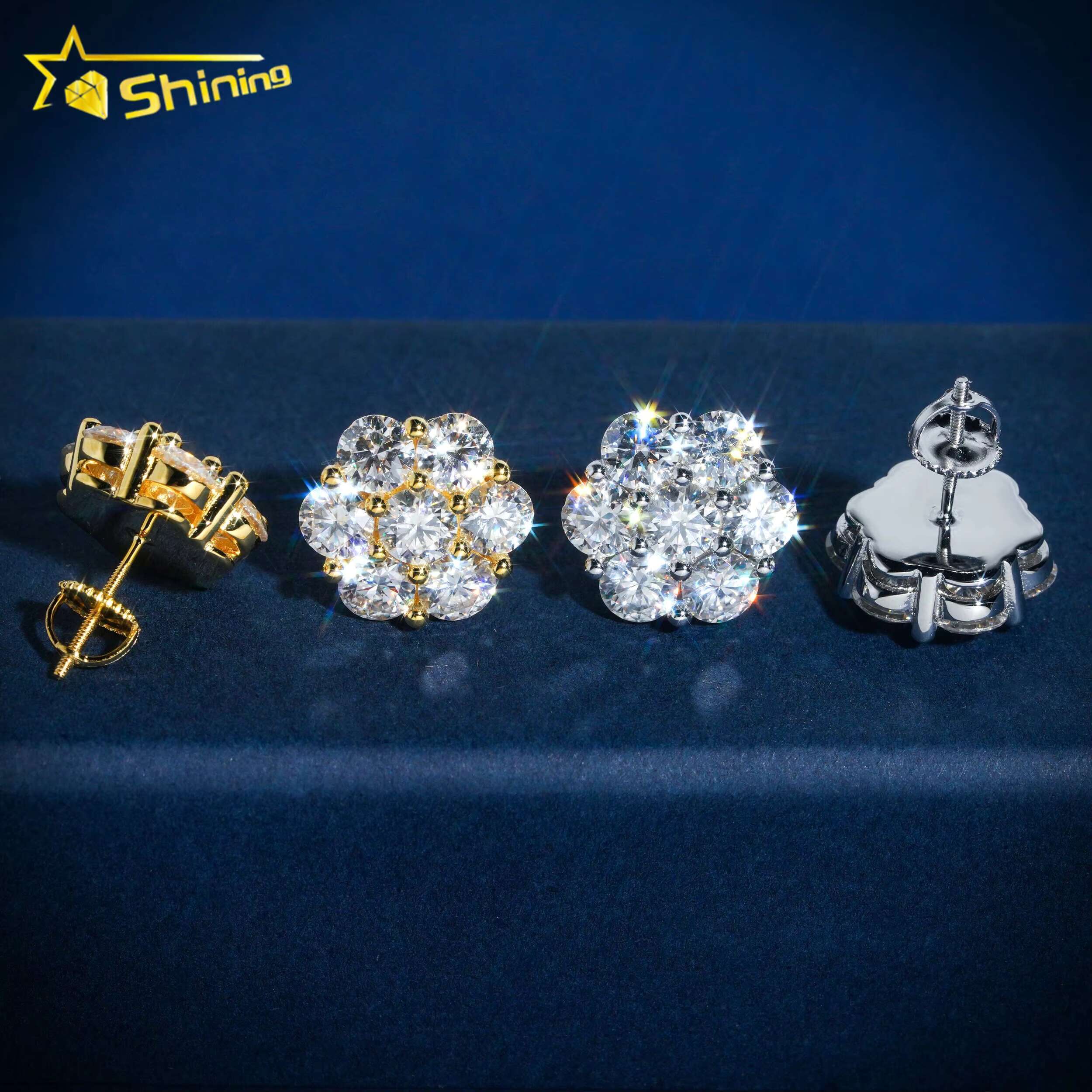Hot Selling Trendy Sparkle Lab Grown Diamond 10k Yellow Gold Cluster Flower Mens Moissanite Earring