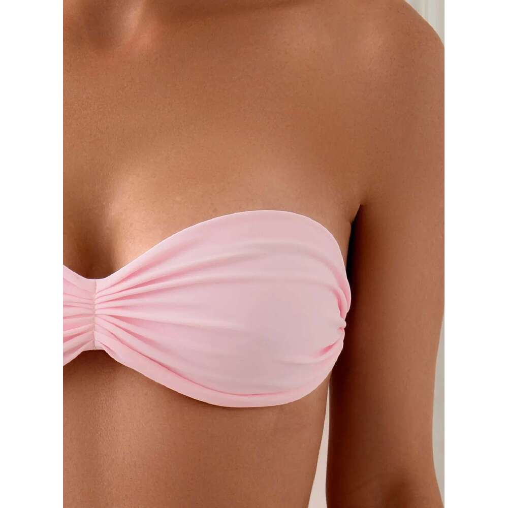 Solid Color Pink Mini 2 Piece Swimsuit,Strapless Backless Bikini,summer Beach Vacation Bathing Suit,Pleated Swimwear 2024 New