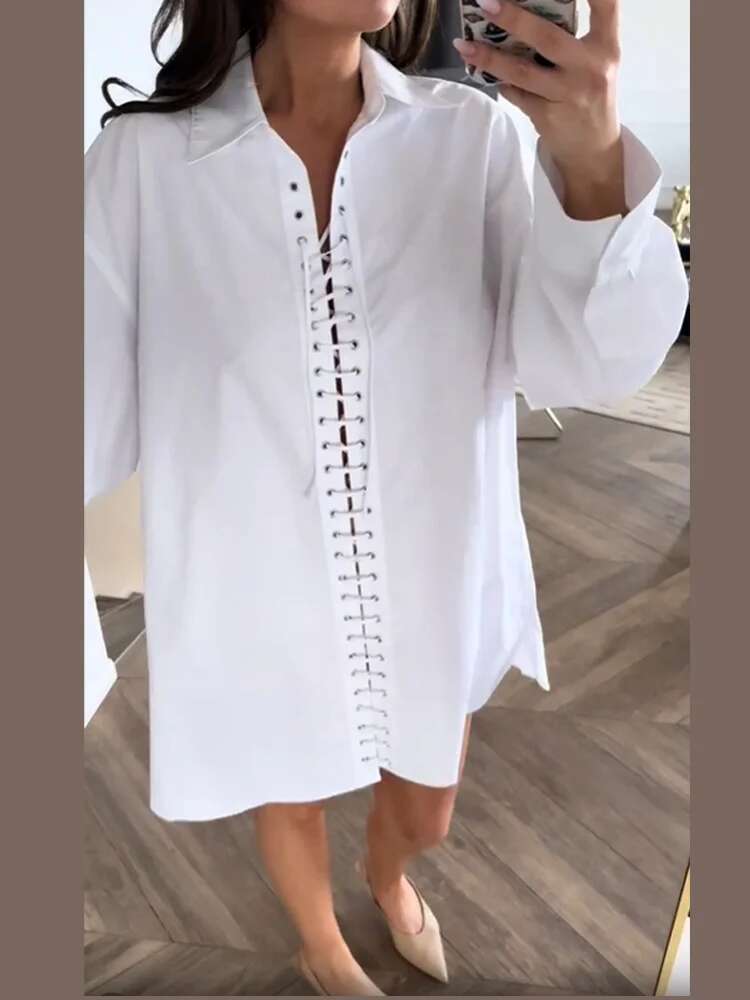 Sexy Bandage Women's Shirt Long Sleeve Lapel Loose White Female T-shirt 2025 Spring Summer Street Fashion Hollow Out Lady Tops