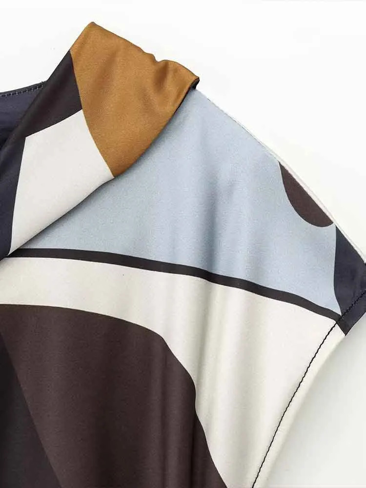 European style womens fashionable warm satin texture printed short sleeved midi dress 250401