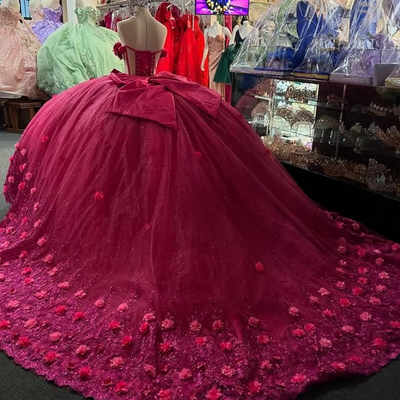 Rose Red Quinceanera Dresses Off Shoulder Ball Gown Sweet 16 Dress Applique Flower Bow Beads Tull Birthday Party Vestidos 15 De Anos