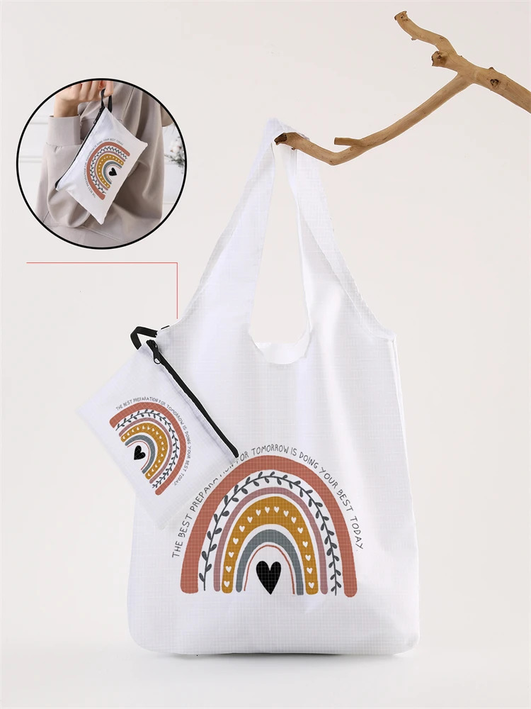 Womens Foldable Cartoon Rainbow Pattern Large Shopping Bag Storage Reusable Easy to Carry 250401