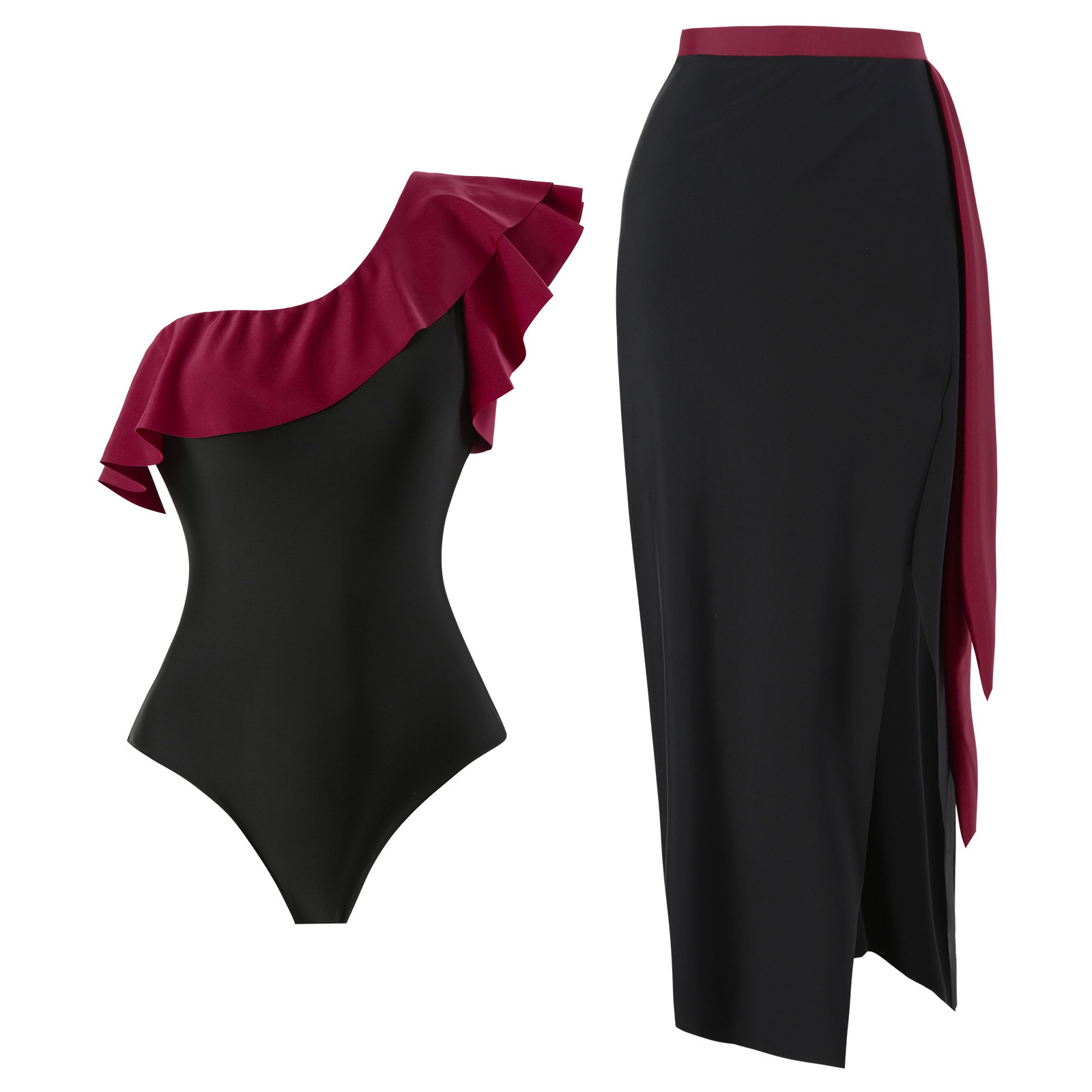 2025 Bohemian Wind Lotus Leaf Edge Single Shoulder jumpsuit, wrapped skirt, beach vacation set, swimsuit for women