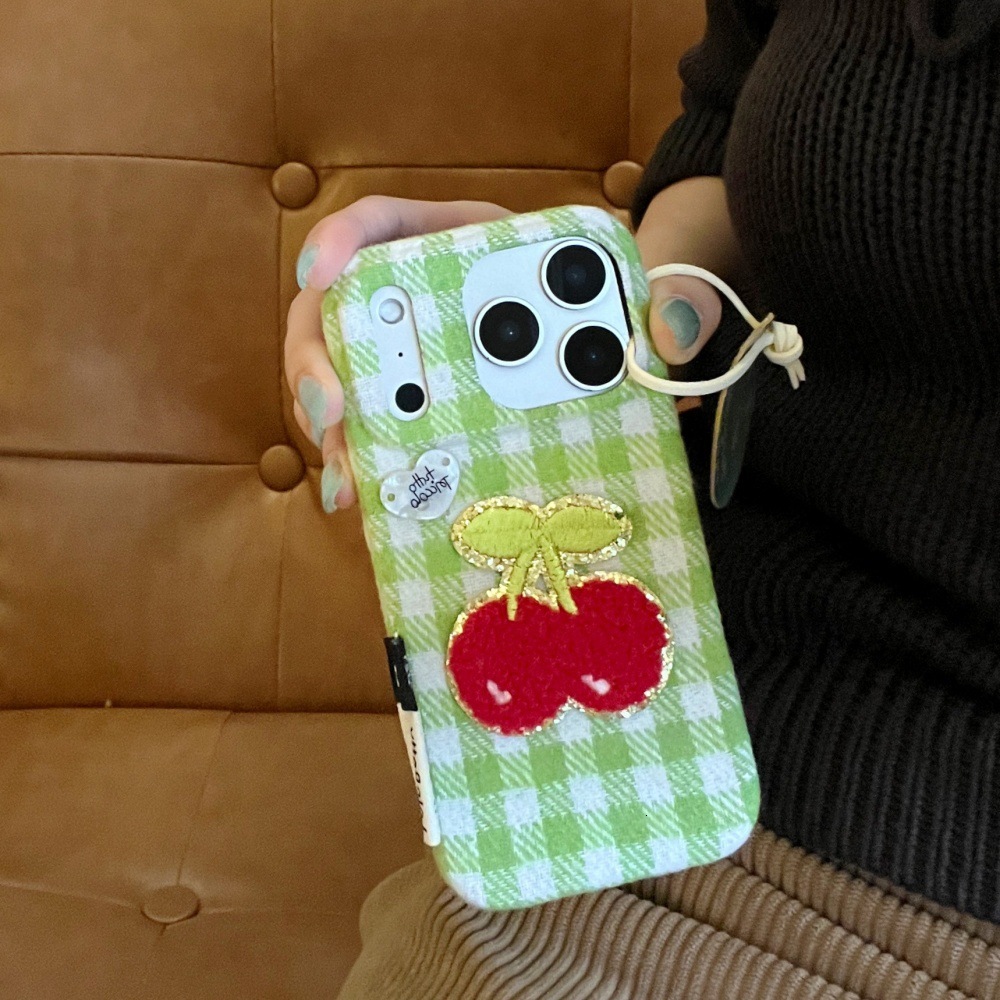 Red Green White Checkered Cherry Patch Phone Case Compatible with iPhone 17/16 Pro Solid Color Velvet Case iPhone 15/14