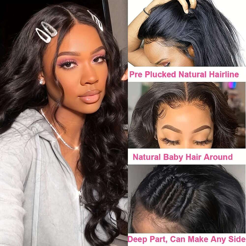 13X4 Transparent Front 100% Brazilian Human 180% Density Body Wave Natural Black Color Pre-Plucked Hairline & Eyebrow/Forehead Hair - Full Lace Fronta