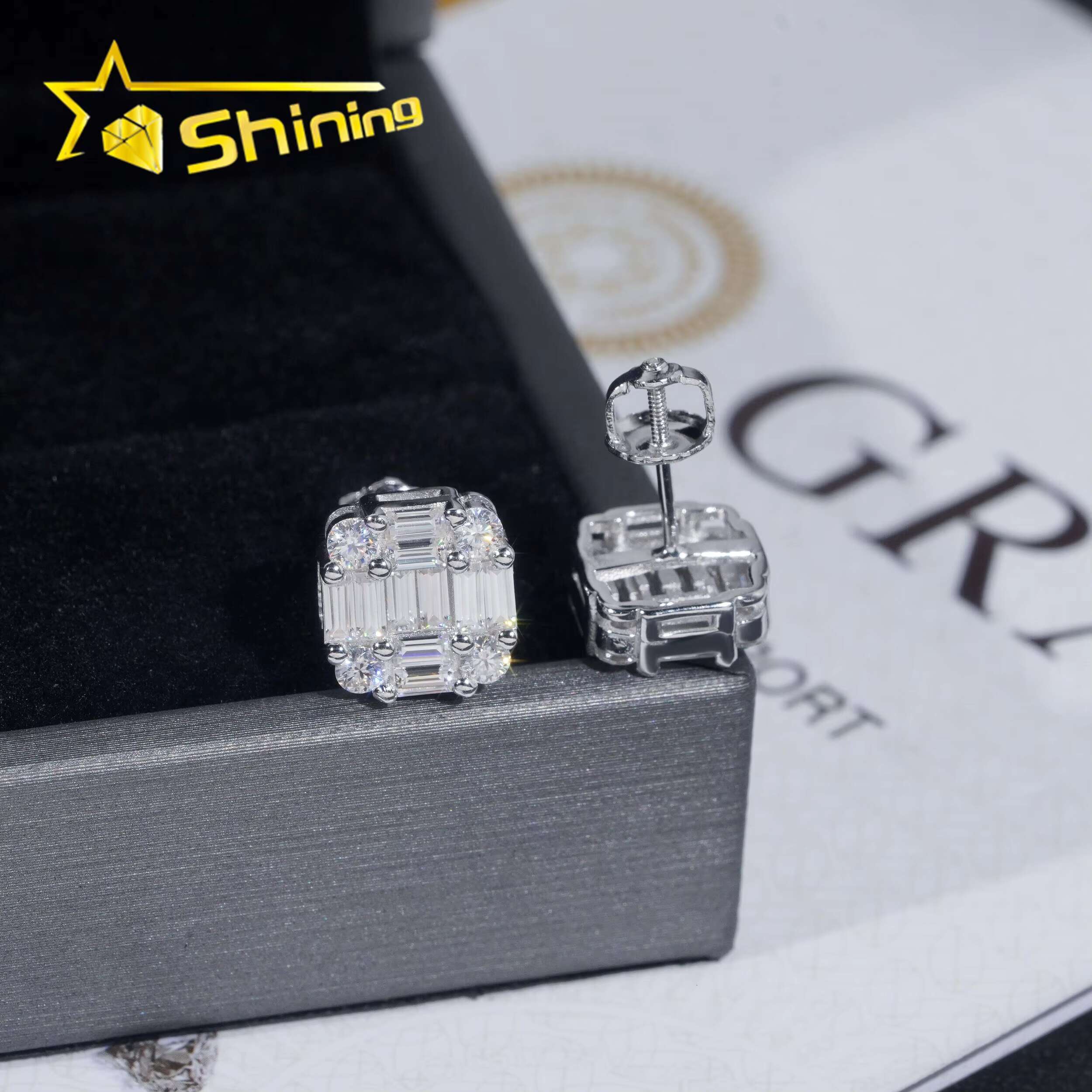 Ready to Ship Hip Hop Jewelry Pass Tester Sterling Sier VVS Moissanite Dia Classic Baguette Stud Earrings
