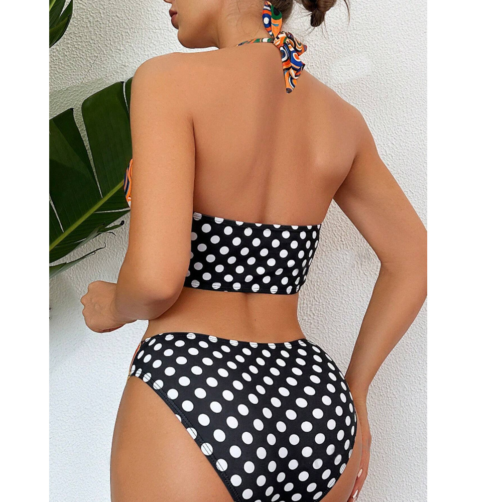 2025 Fashion Split Triangle Women's Printed Splicing Neck Strap High Waist Sexy Bikini Swimsuit Women