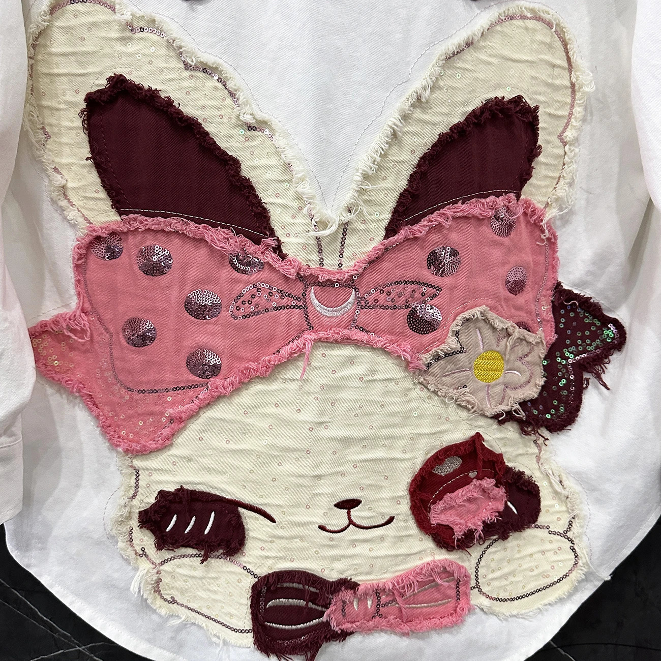 SpringSummer Heavy Industry Patch Embroidered Rabbit Bow Denim Shirt Jacket Long Sleeve Womens Loose Casual Top 250403