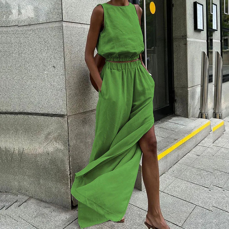 Casual sleeveless cotton linen set fashionable O-neck zipper and split pants set womens elegant elastic waist solid loose 2PC set 250401