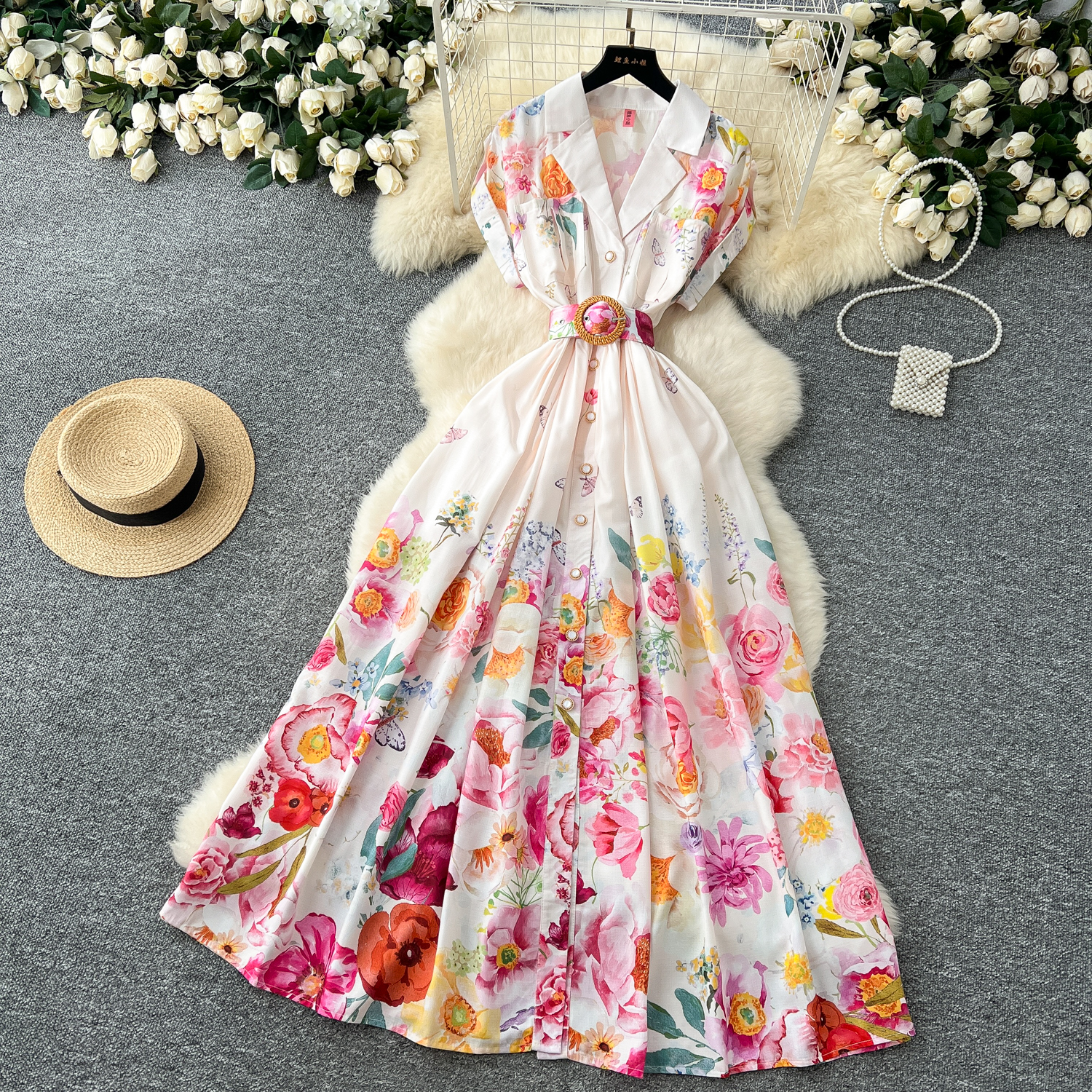 Basic Casual Dresses Elegant Holiday Gorgeous Flower Evening Dresses Women Notched Vintage Print Belt Long Party Dress Female Casual Holiday Clothing 