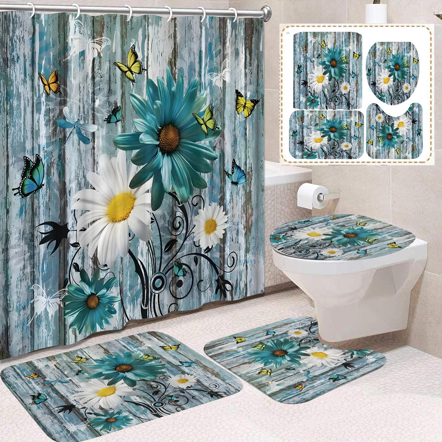 YL-37643 Factory direct sales watercolor daisy bathroom shower curtain/toilet partition curtain/no-drill curtain/shower curtain