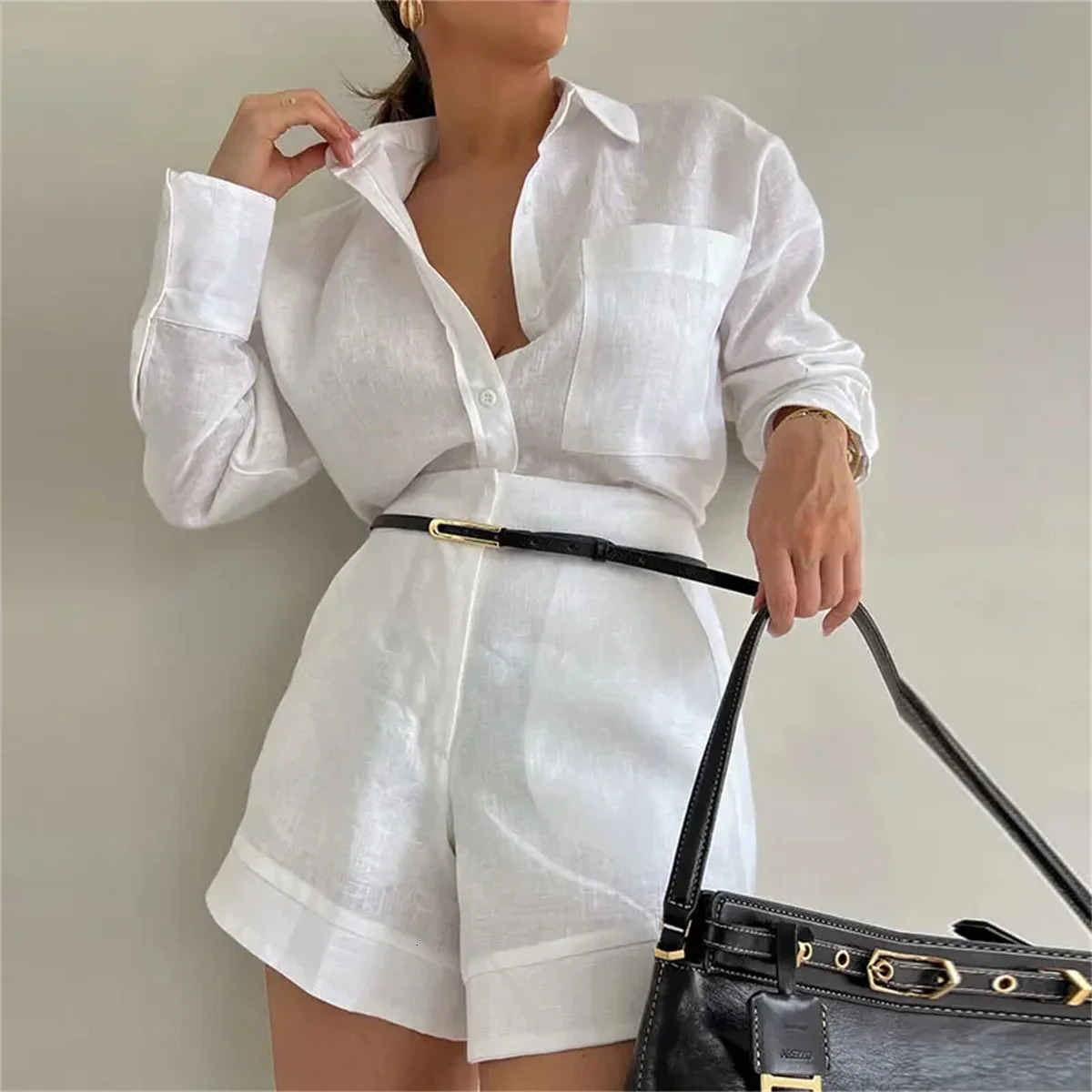 casual beach set fashionable summer cotton linen loose pleated shorts womens long sleeved drawstring set 2-piece set 250401