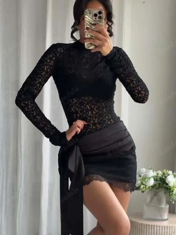 Chic Fashion Bow Splicing Lace Mini Skirts Two Piece Sets For Women Bodysuits Top Womens Suits Elegant Woman Outfits 251106