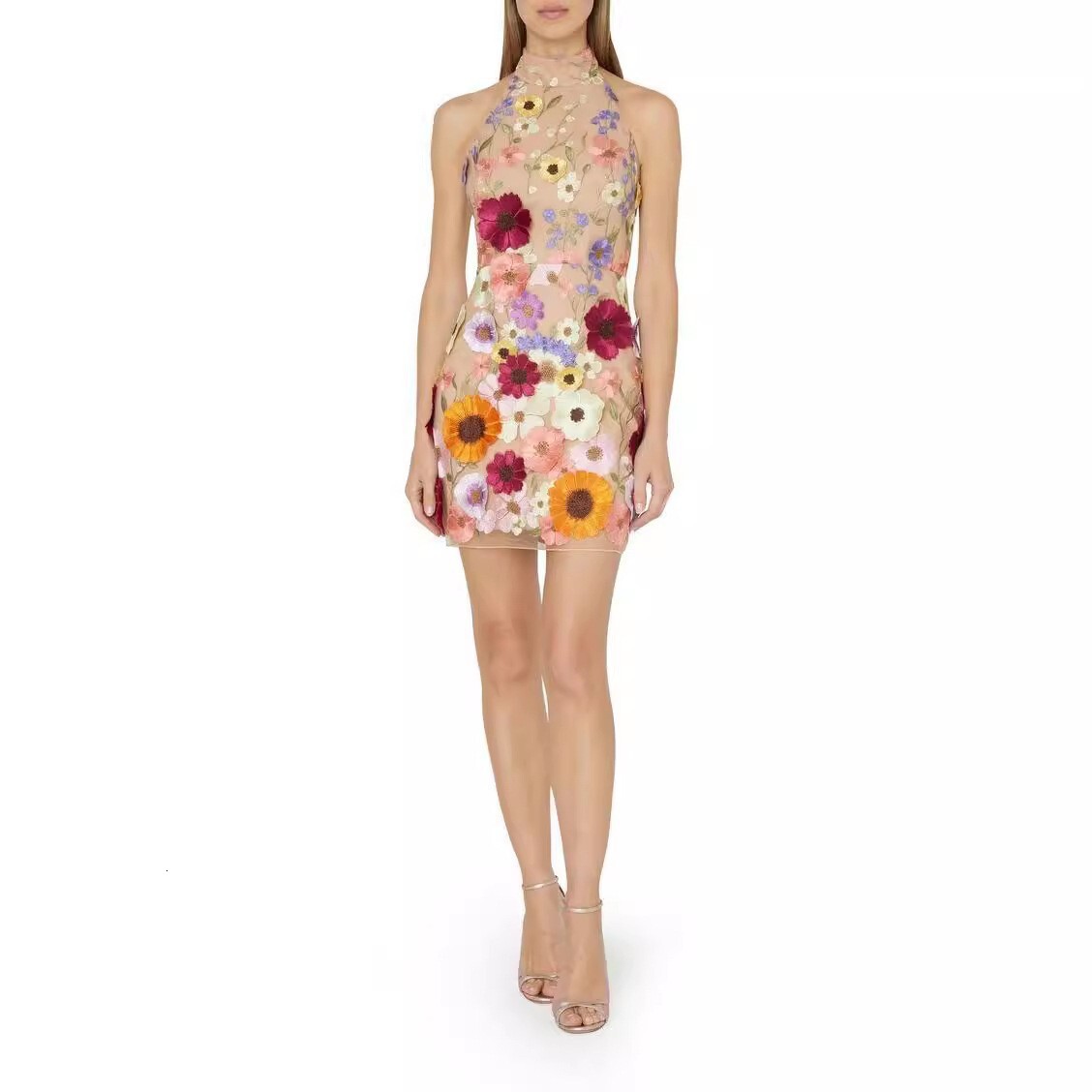 2025 Spring Clothing Womens Embroidered 3d Flower Hanging Neck Slimming Dress Small Dress Wrap Hip Skirt