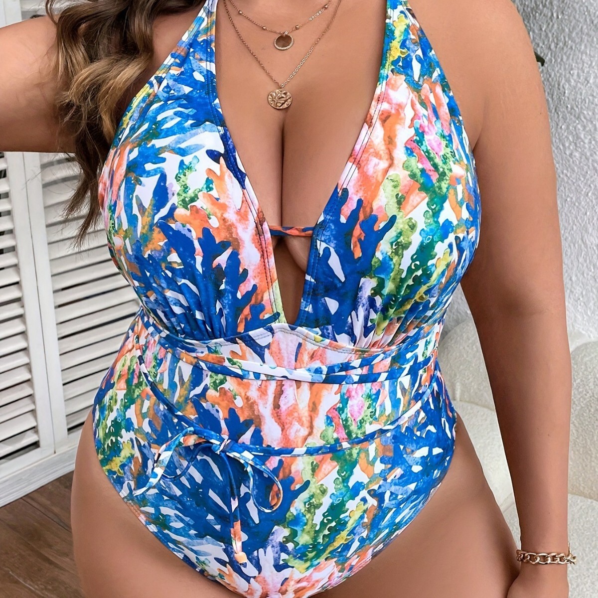 Fashionable fat woman jumpsuit triangle pants with digital printing, cross tie, fat, plus size women's swimsuit