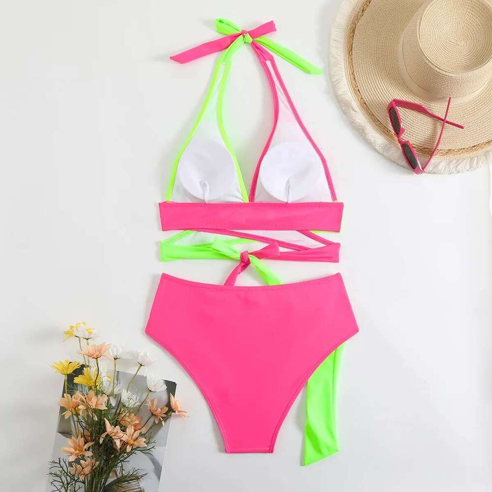 Sexy Hot Pink Patchwork Bikini Set 2025 Women Bandage Cross Buckle Belt High Waist Swimsuit Beach Bathing Suit 2 Piece Swimwear