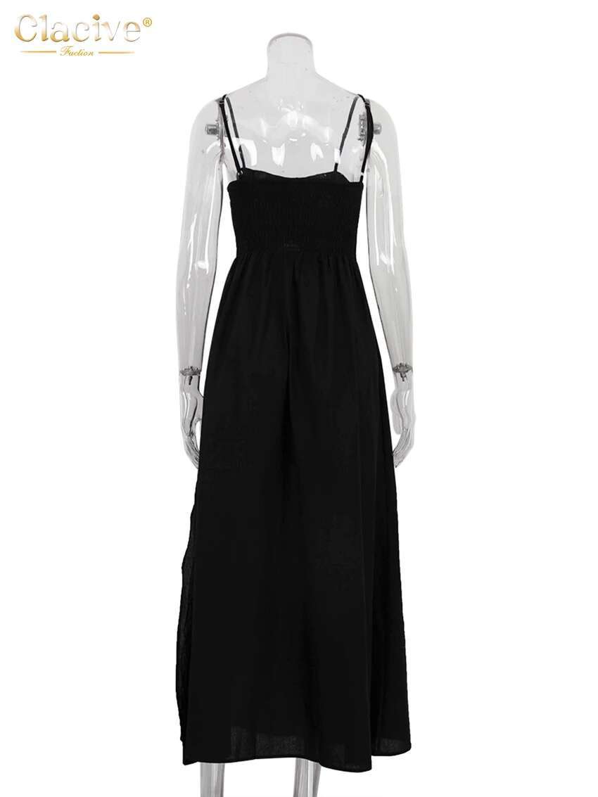 Clacive Sexy Loose Black Cotton Womens Dresses 2024 Summer Strap Sleeveless Ankle Length Elegant Hollow Out Female Dress