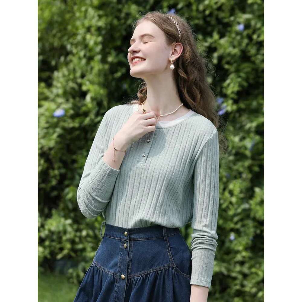Fake Two-Piece Knitted Top Jacquard Long-Sleeved Tees Women Winter Pearl Button Ribbed Collar T-Shirts