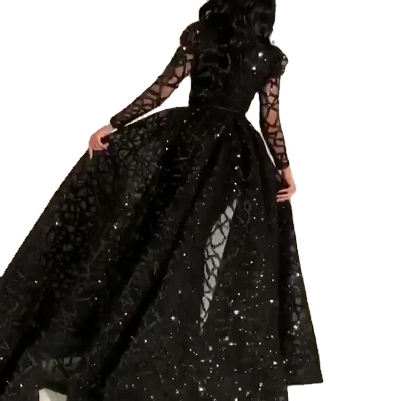 2025 Spring New Womens Dress Round Neck Long Sleeve Sparkling Puffy Evening Dress