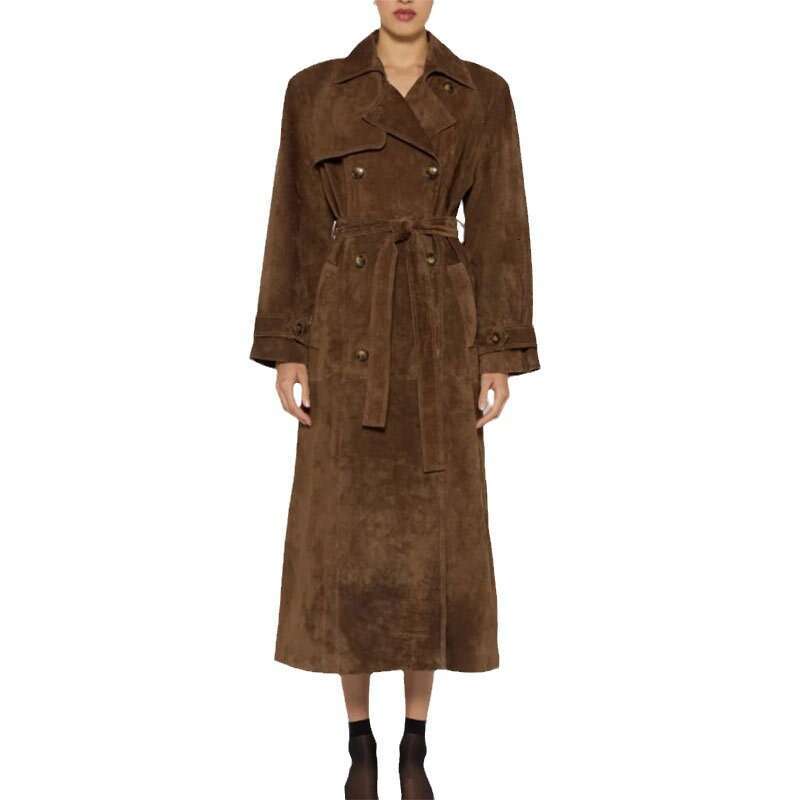In Stock--2024 European and American Amazon Cross-Border New Women's Autumn Winter with Turn-Down Collar, Double-Breasted, Extended Length Trench