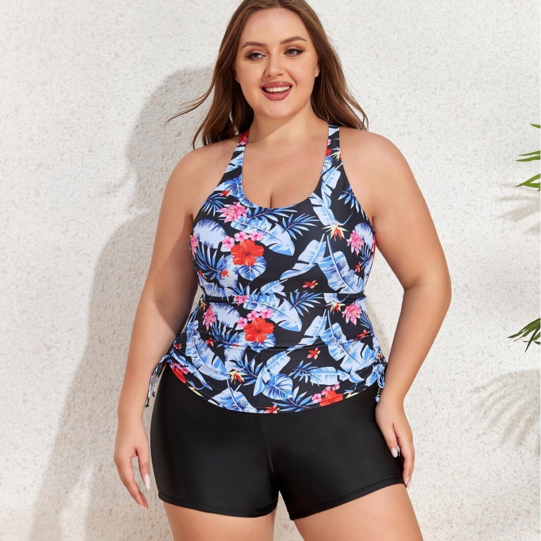 Large digital print with drawstring on both sides, independent shorts set, bikiniga plus fat women's swimsuit