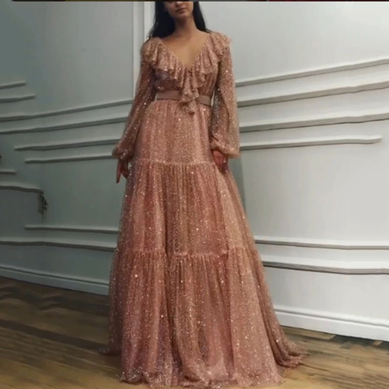 2025 Spring/summer New Womens Dress Sexy Long Sleeve V-neck Sandalwood Evening Dress Long Dress