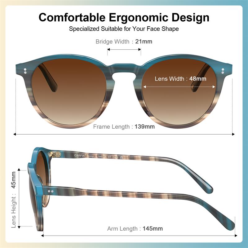 CARFIA Round Polarized Sunglasses for Women Small Face UV Protection Acetate Frame Classic Retro Style