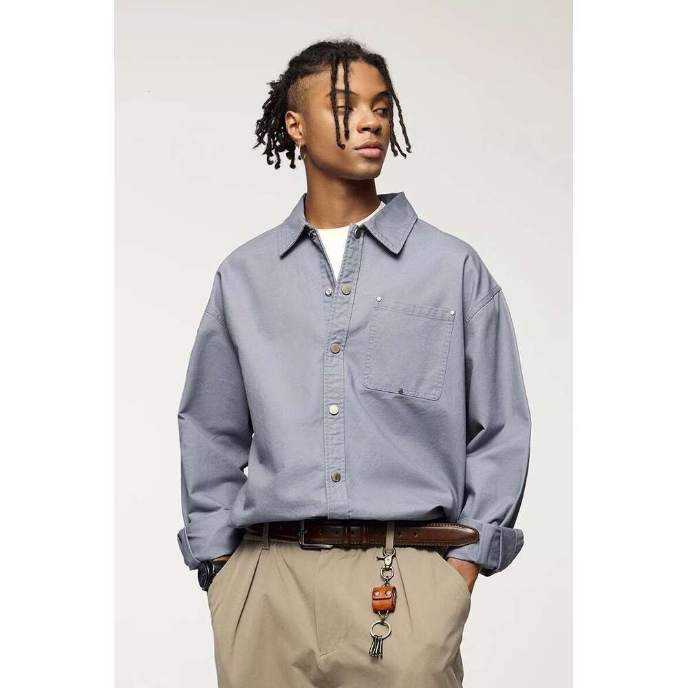 Men's Shirts 100% Cotton Vintage Solid Color Turn-Down Collar Male Shirt Jacket