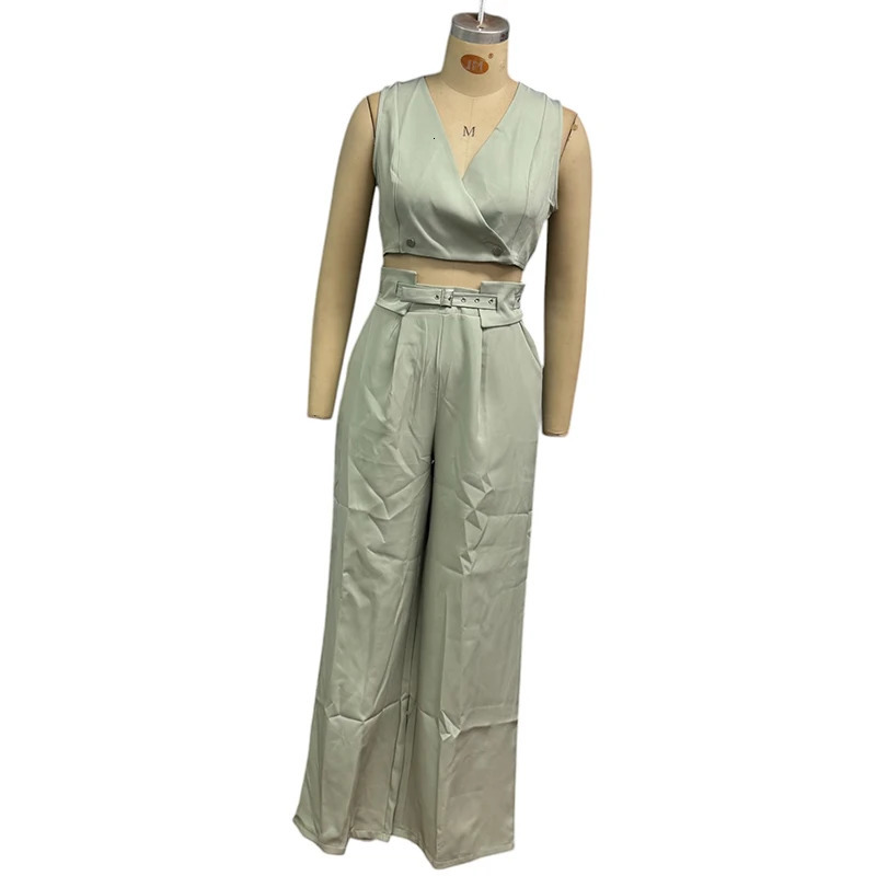 Wefads Womens 2piece Summer Fashion Solid Vneck Sleeveless Double breasted Button Top with Belt Straight Pants Set 250403