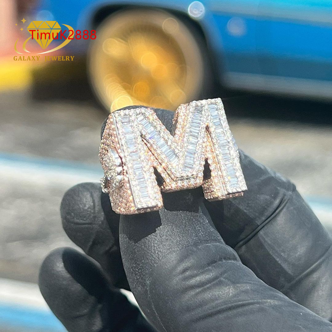 Custom Baguette M Initial Letter Ring Iced Out Vvs Moissanite Diamond 925 Sterling Silver Rappers Moissanite Hip Hop Ring