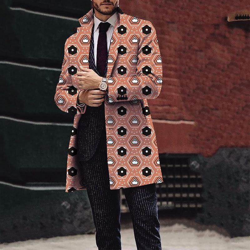 2024 new mens Christmas and Halloween printed woolen medium long coat mens woolen coat