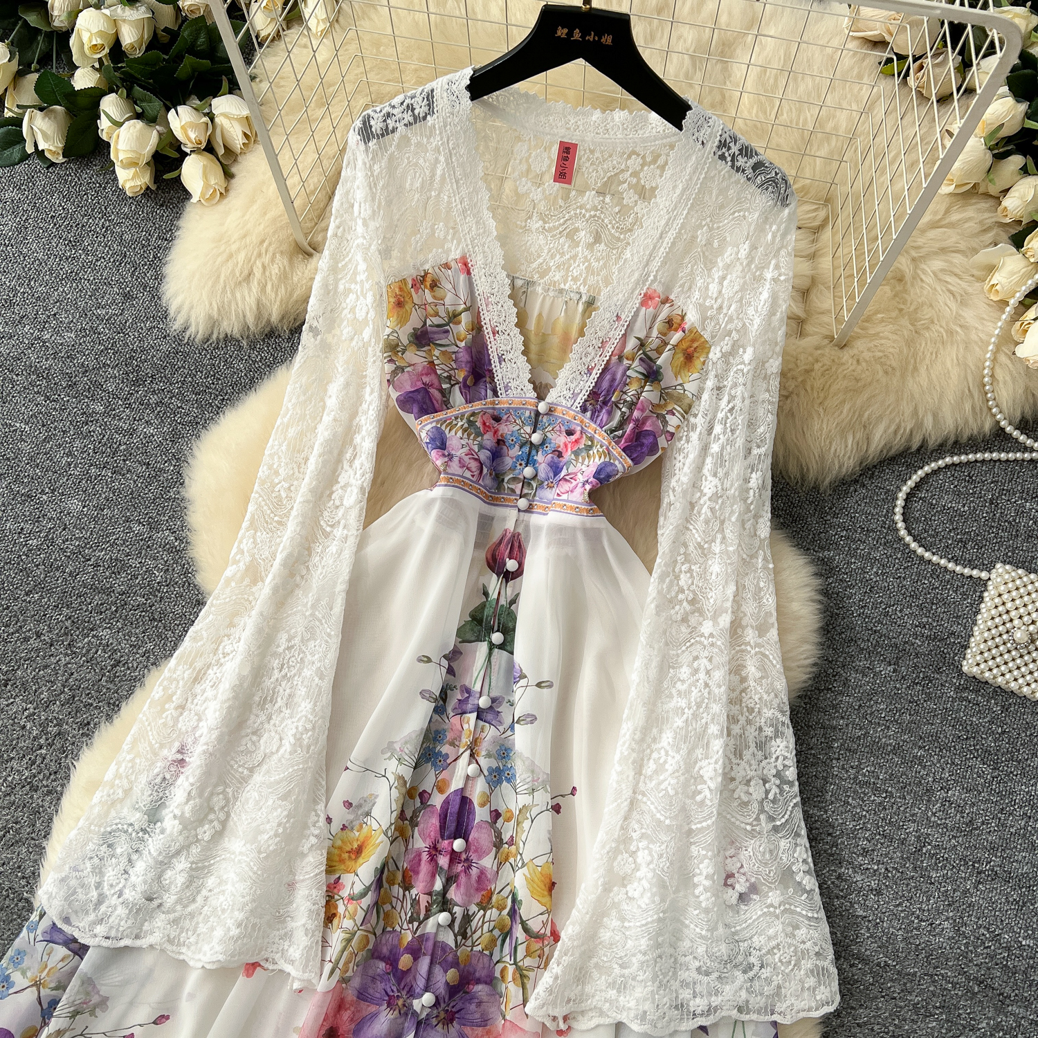 Basic Casual Dresses Summer Holiday Lace Patchwork Chiffon Pleated Dress Women's V-Neck Flare Sleeve Flower Print High Elastic Waist Runway Vesti