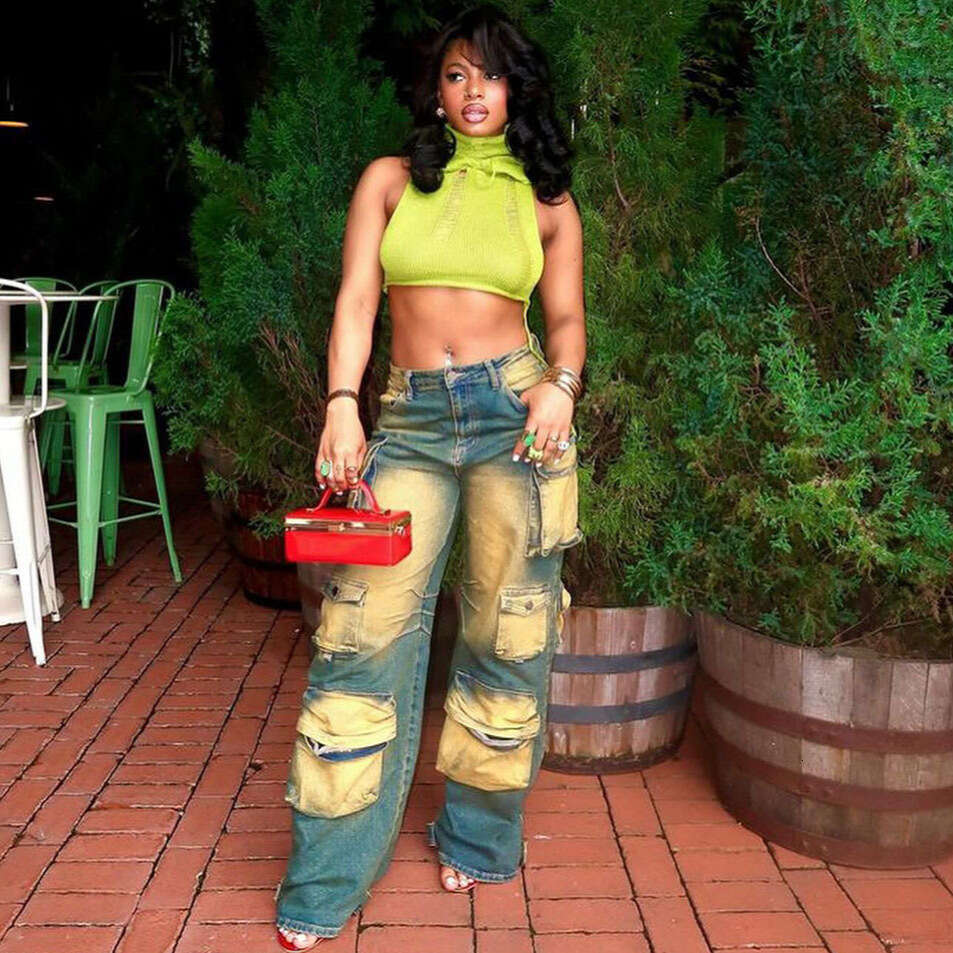 European and American Style Straight-Leg Jeans Amazon Cross-Border Women's Fashion Trendy Personality Multi-Pocket Tie-Dye High-Waist Cargo Pants