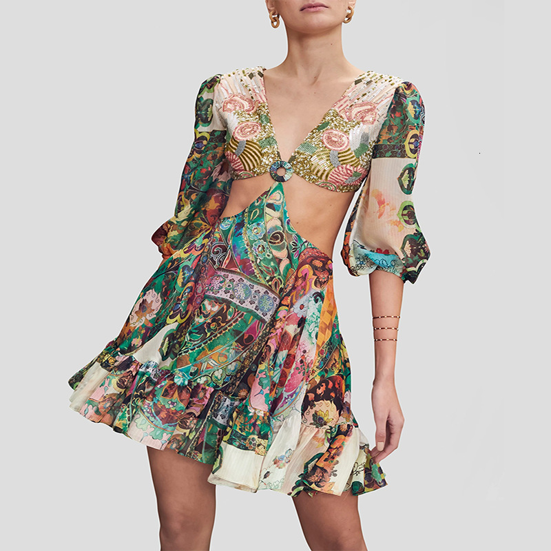 2025 Autumn/winter New Landscape Printed Dress with Hollowed Out Suspender and Digital Printed Dress